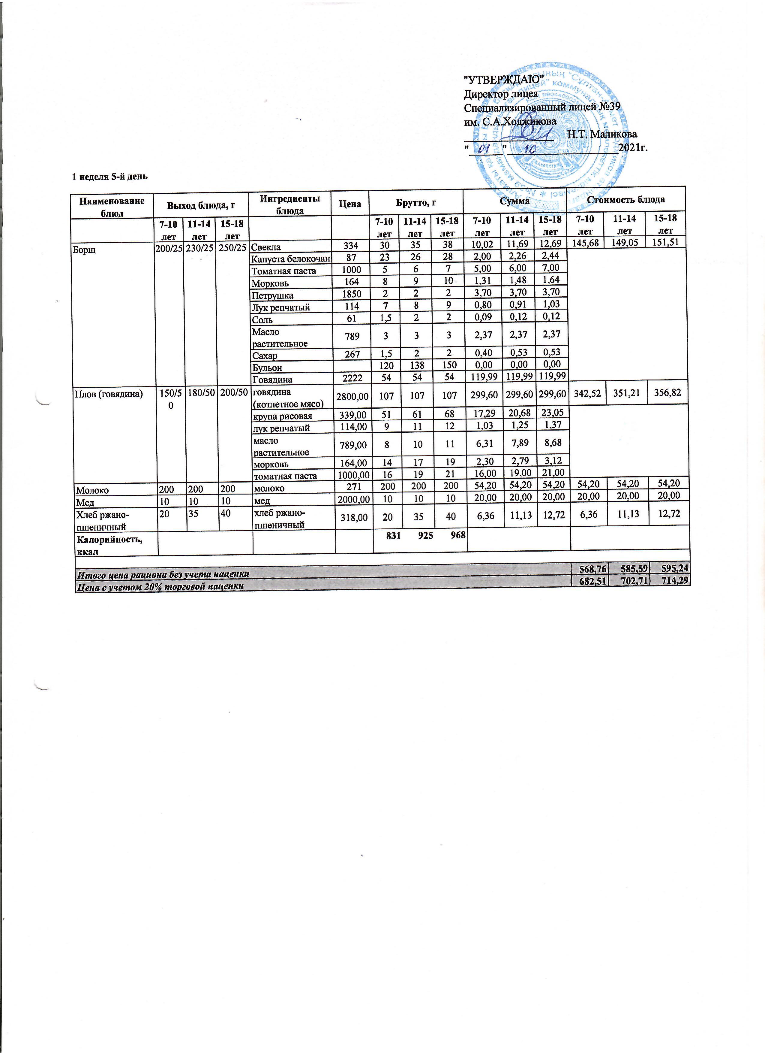 Ас мәзірі 01.10.2021ж