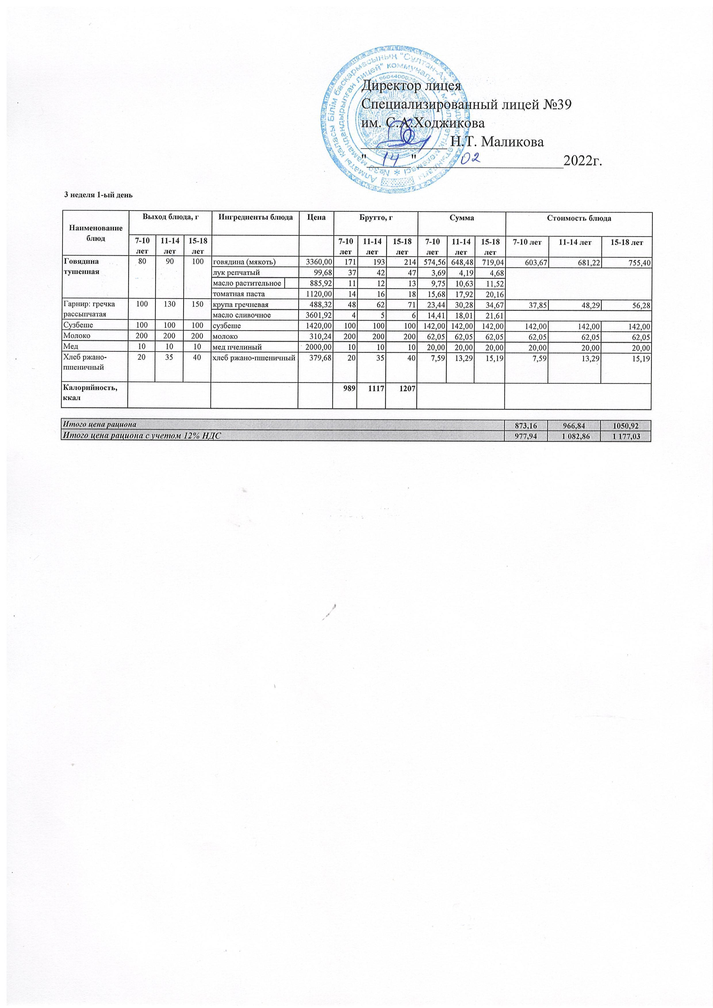 Ас мәзірі 14.02.2022ж