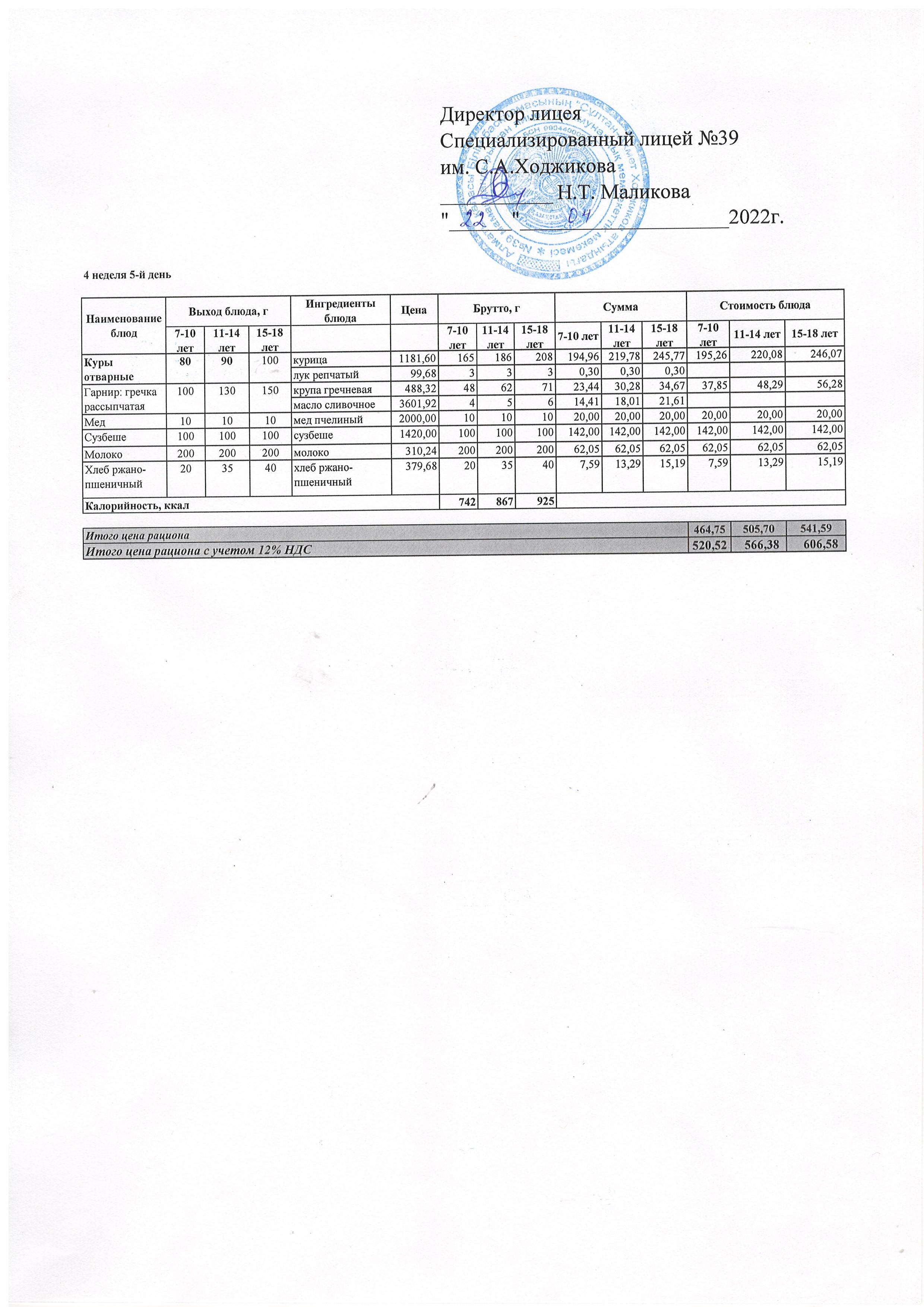 Ас мәзірі 22.04.2022ж