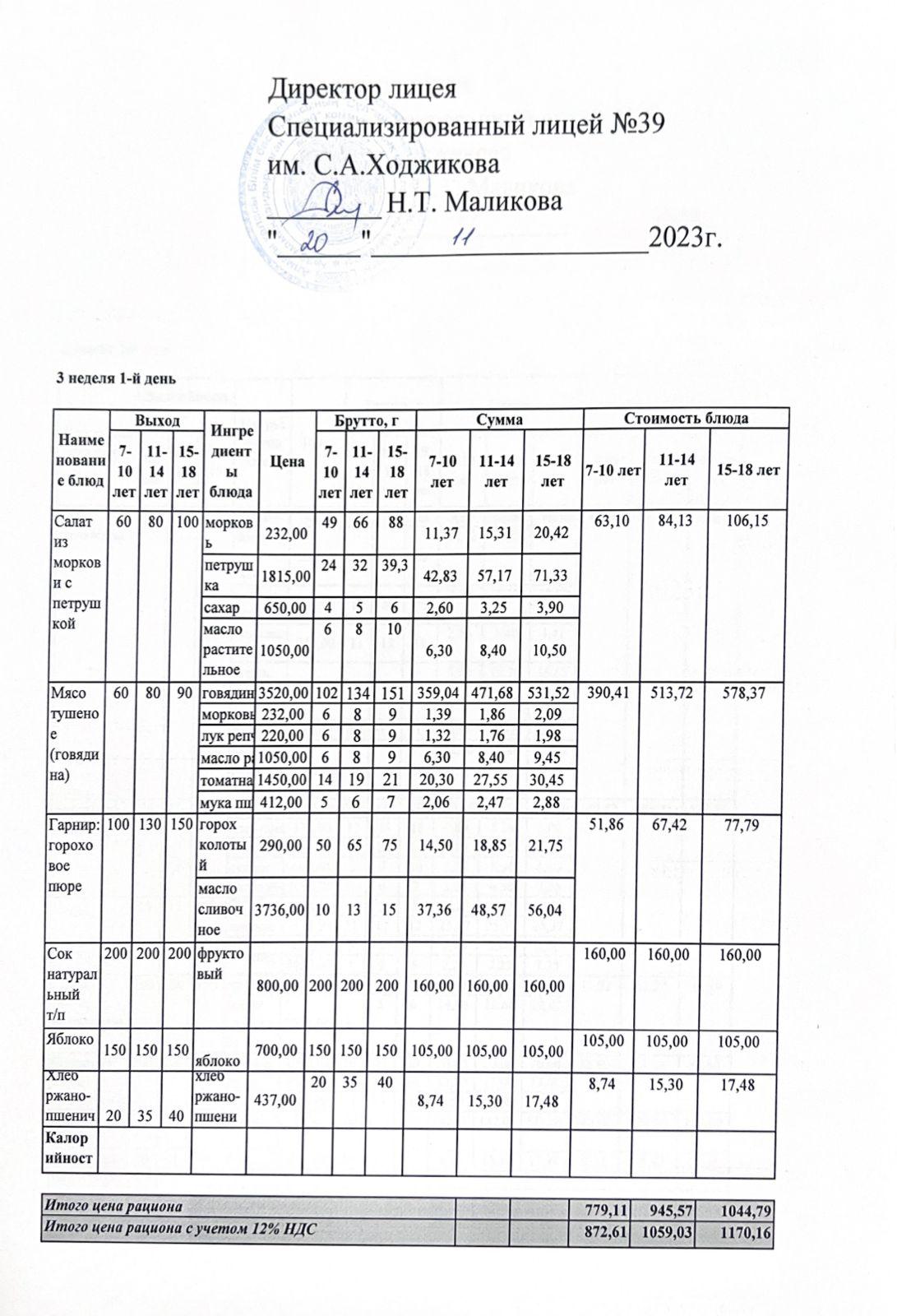 Ас мәзірі  20.11.2023ж
