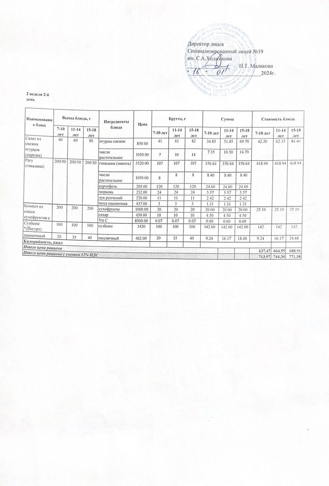 Ас мәзірі 16.01.2024ж