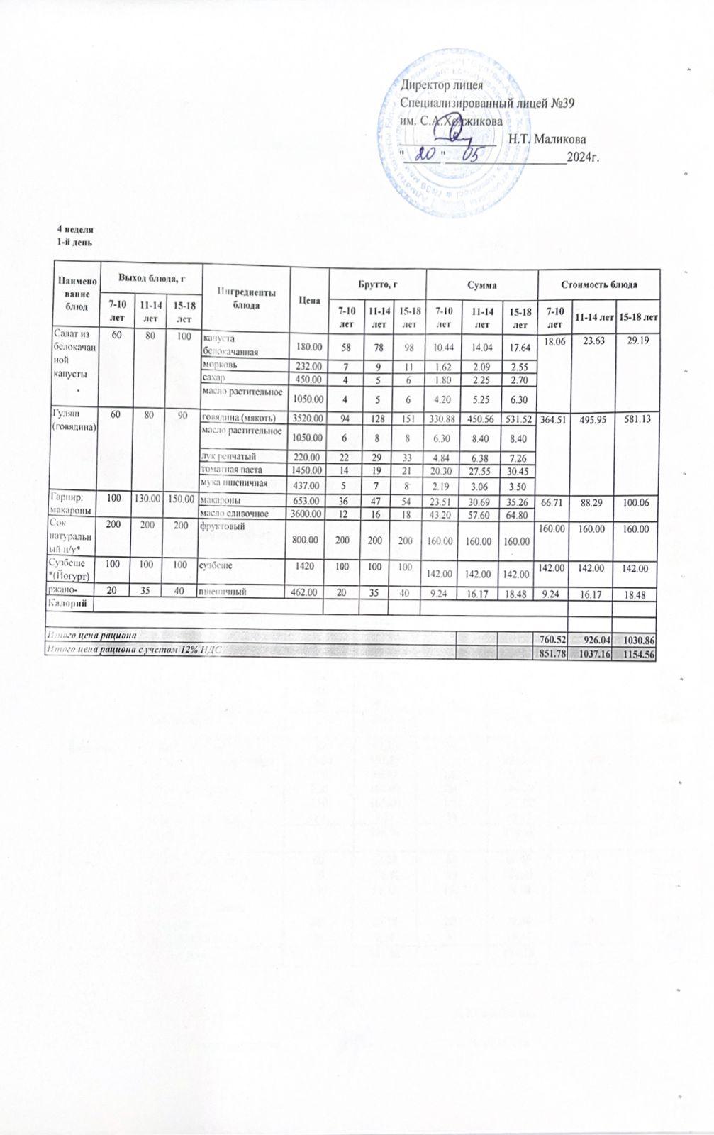 Ас мәзірі 20.05.2024ж