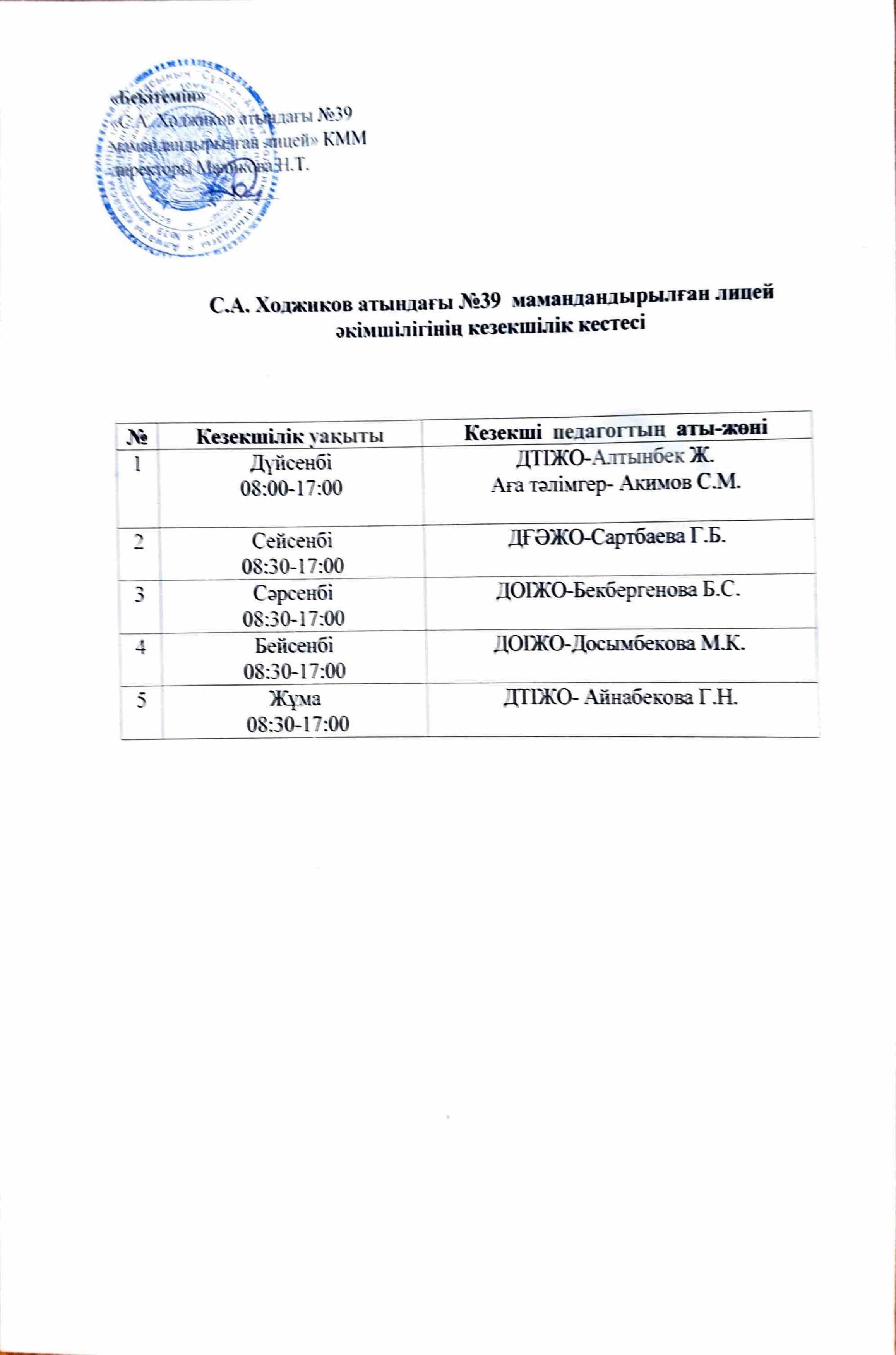 С.А. Ходжиков атындағы №39 мамандандырылған лицей әкімшілігінің кезекшілік кестесі