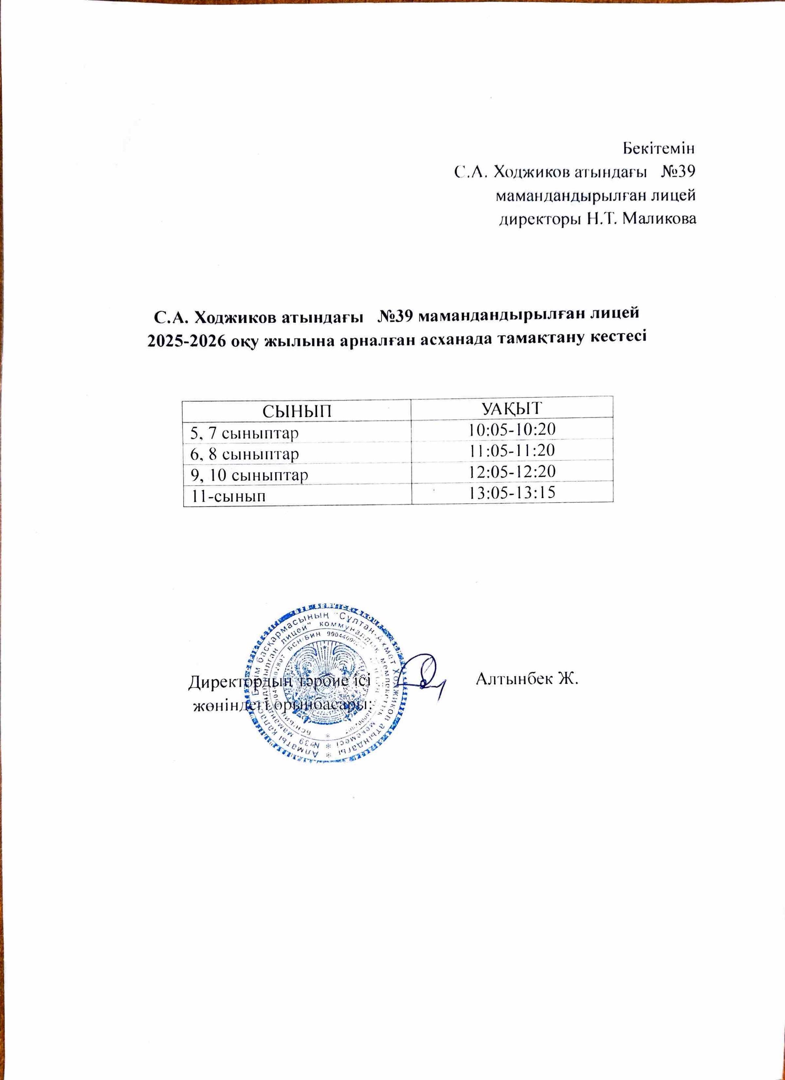 Асханада тамақтану кестесі