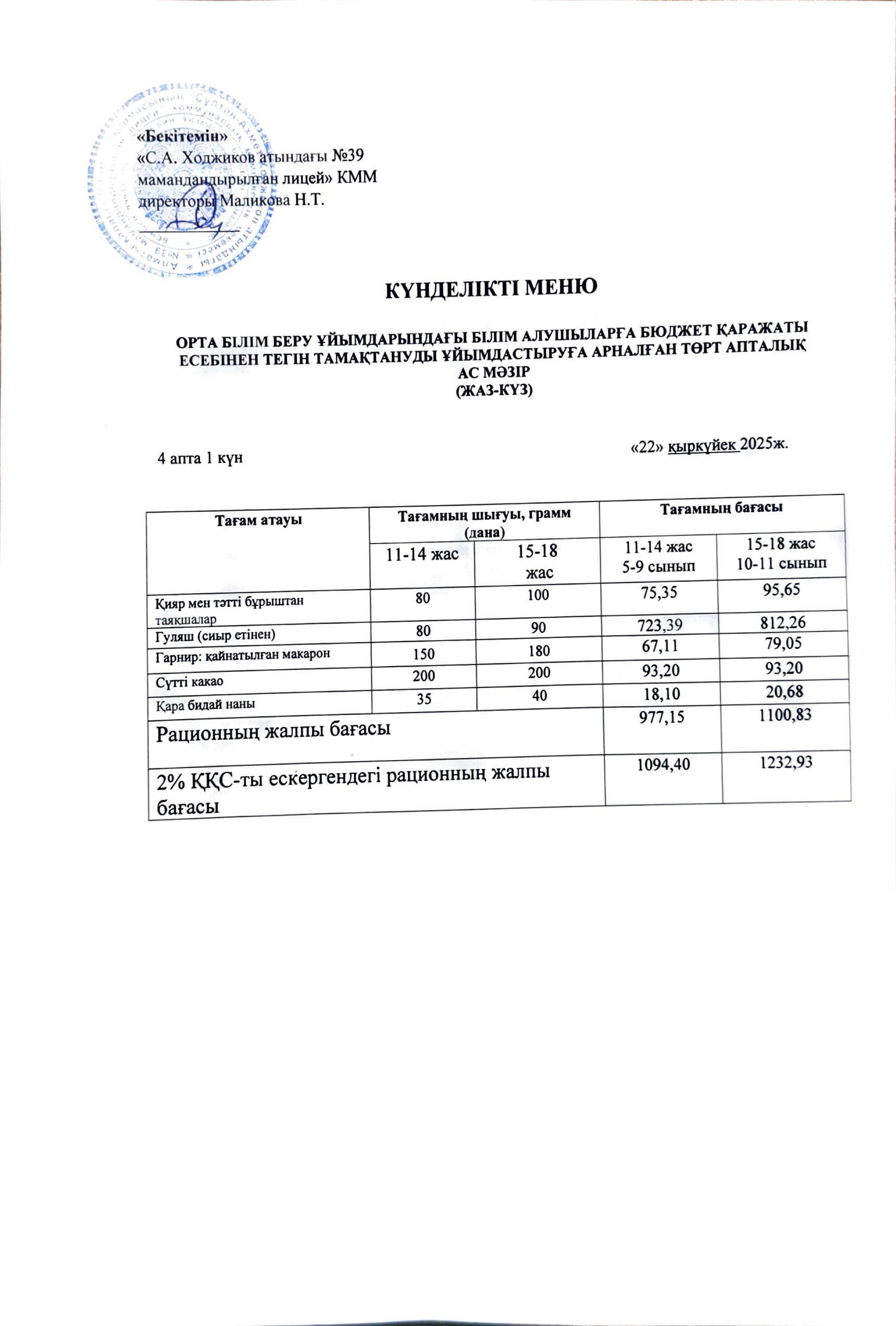Ас мәзірі 22.09.2025ж.