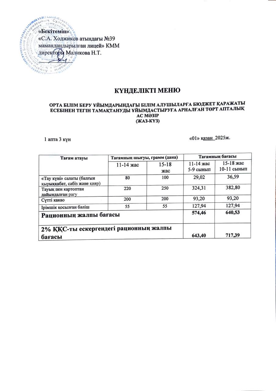 Ас мәзірі 01.10.2025ж.