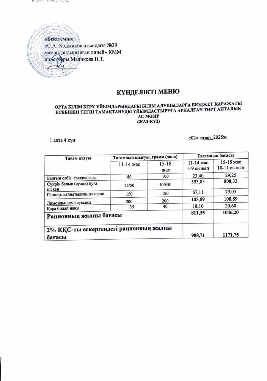 Ас мәзірі 02.10.2025ж.
