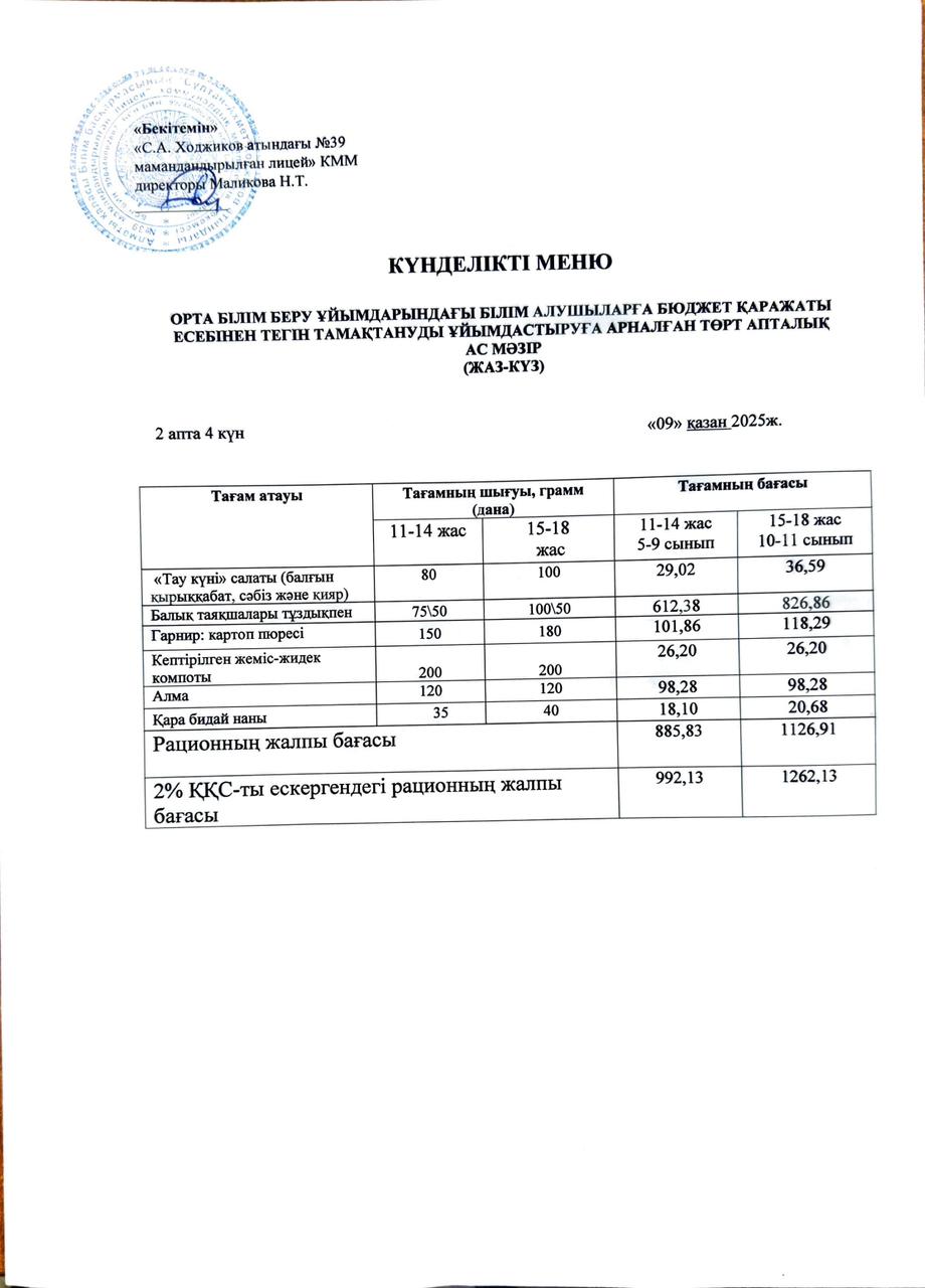 Ас мәзірі 09.10.2025ж.