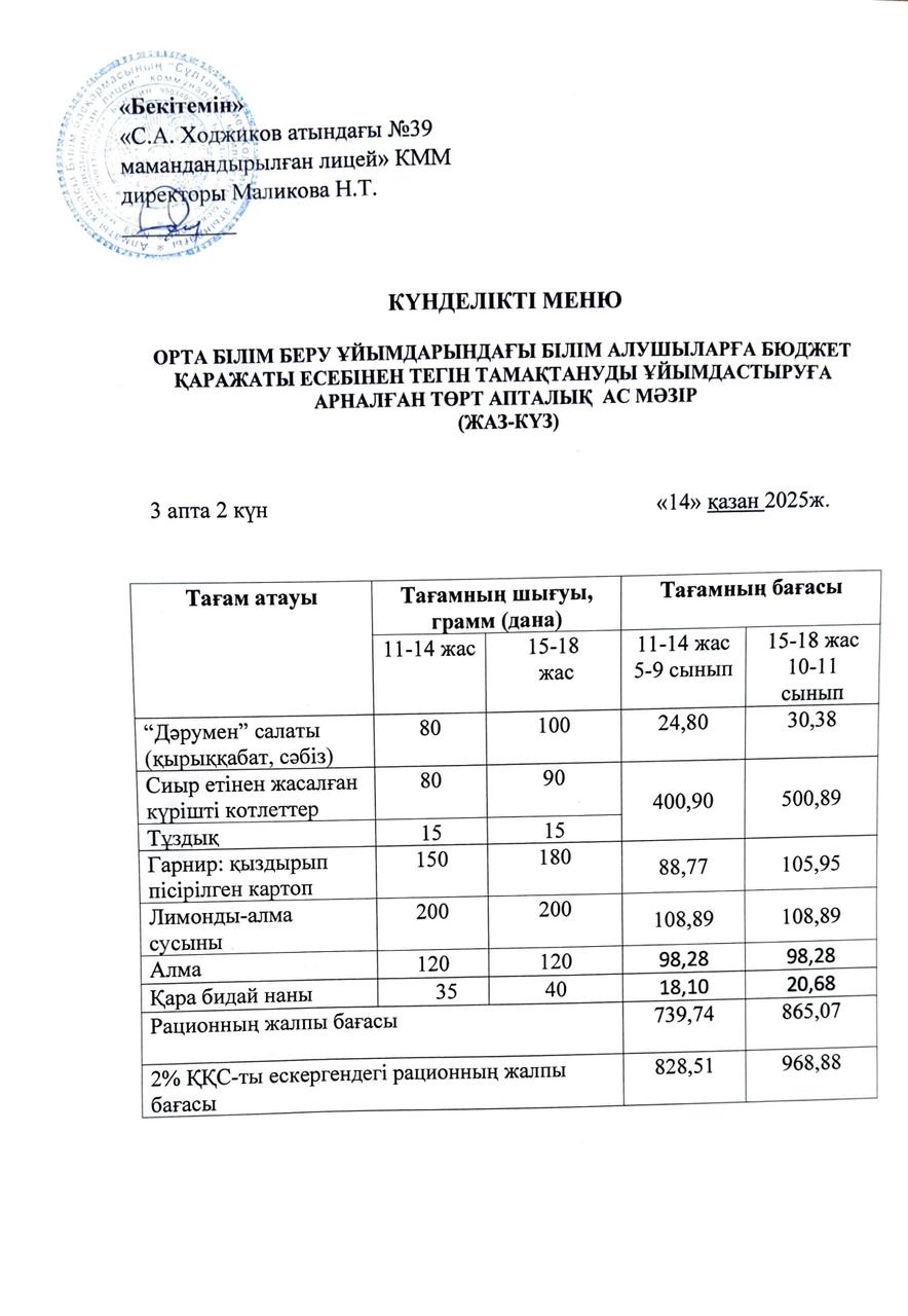 Ас мәзірі 14.10.2025ж.