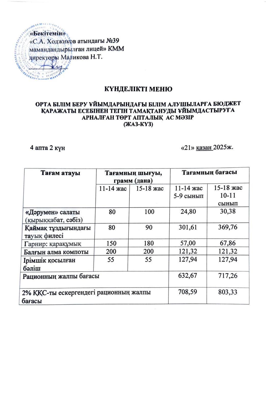 Ас мәзірі 21.10.2025ж.