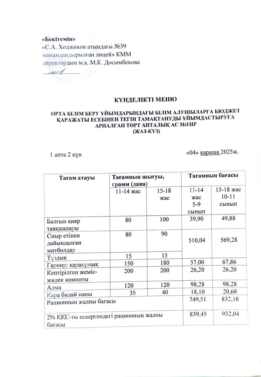 Ас мәзірі 04.11.2025ж