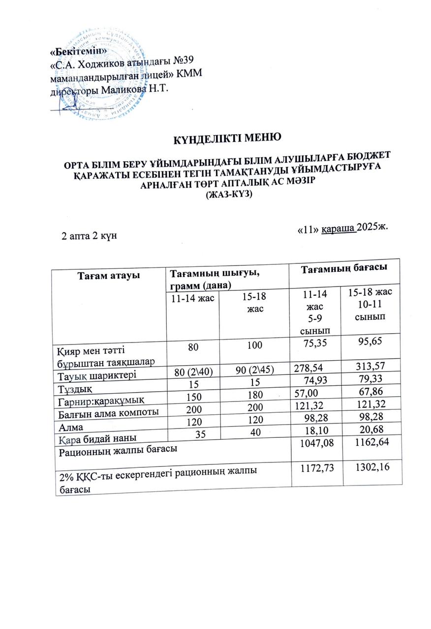Ас мәзірі 11.11.2025ж.