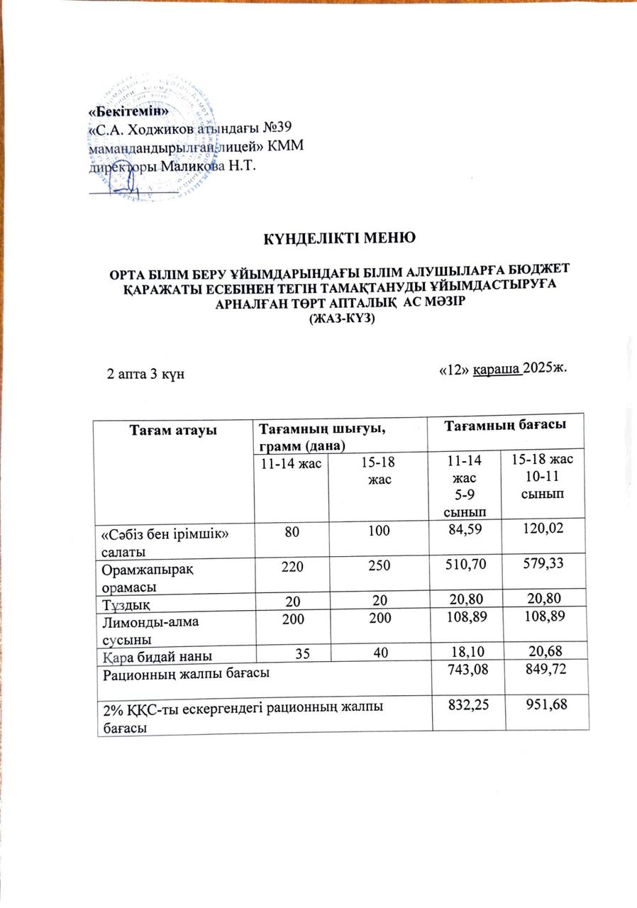 Ас мәзірі 12.11.2025ж.