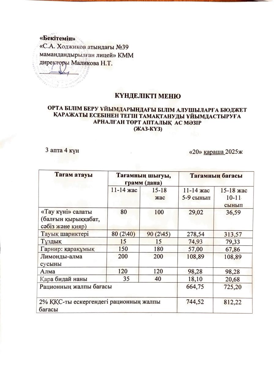 Ас мәзірі 20.11.2025ж.