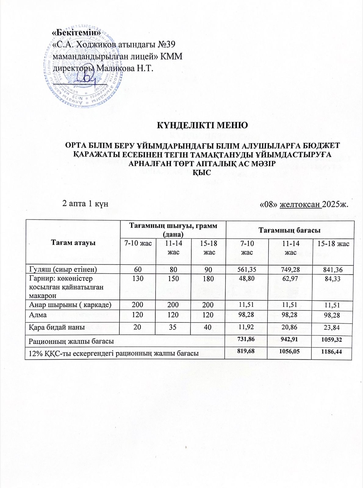 Ас мәзірі 08.12.2025ж.