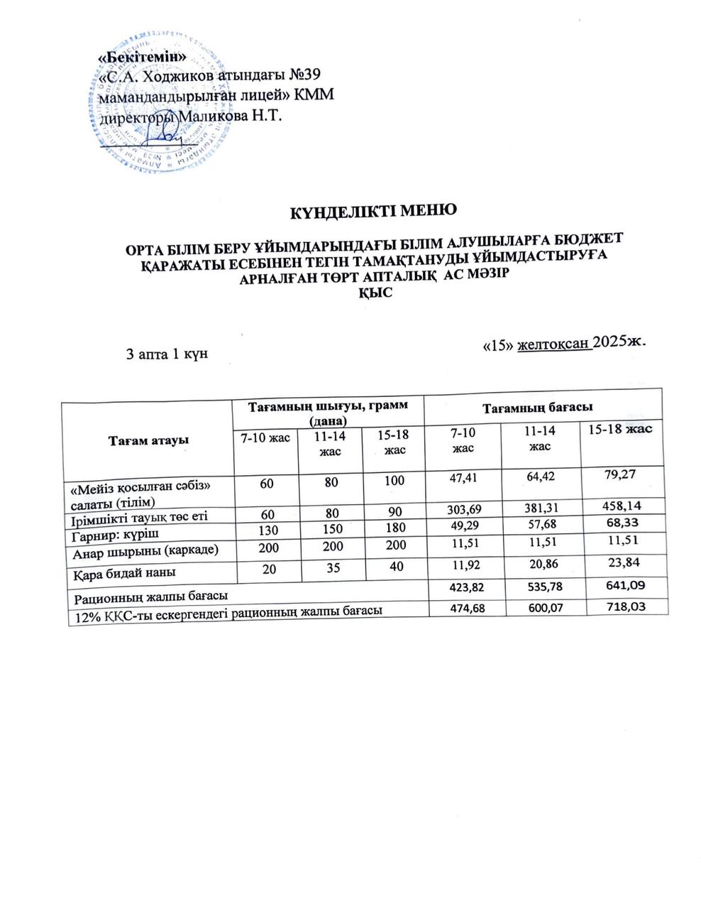 Ас мәзірі 15.12.2025ж.