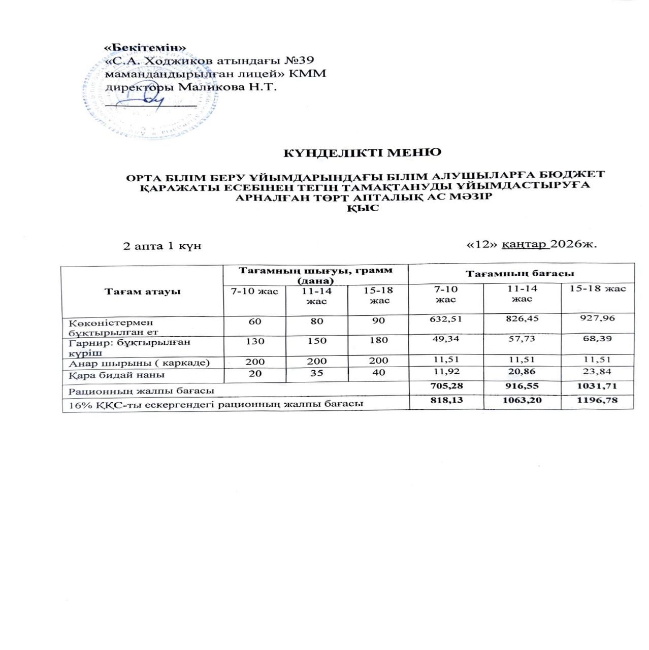 Ас мәзірі 12.01.2026ж.