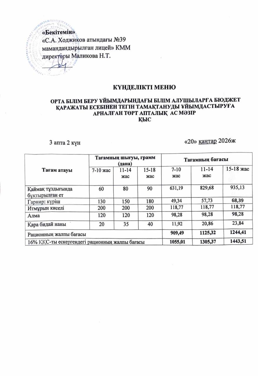 Ас мәзірі 20.01.2026ж.