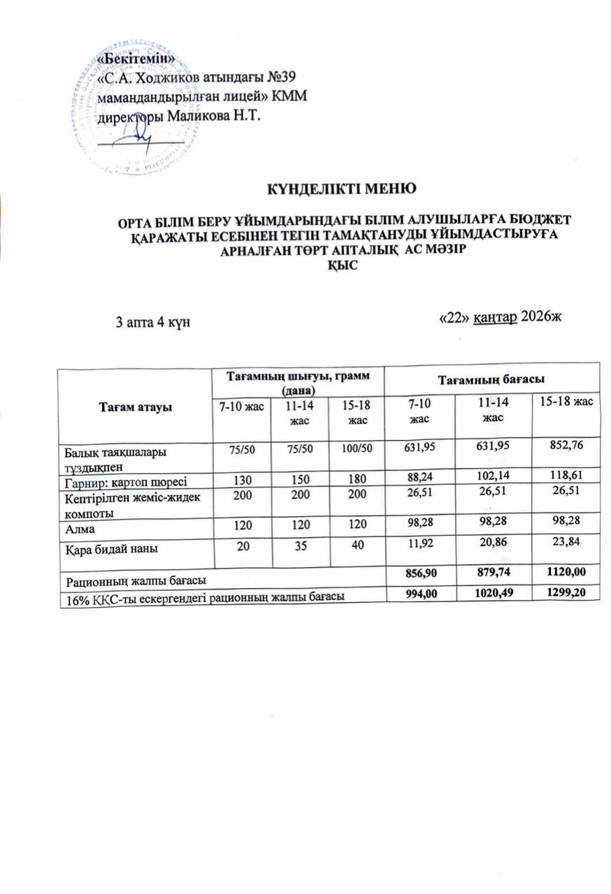 Ас мәзірі 22.01.2026ж.