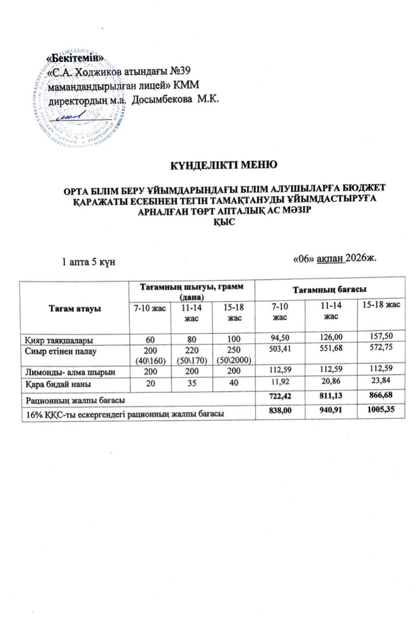 Ас мәзірі 06.02.2026ж.