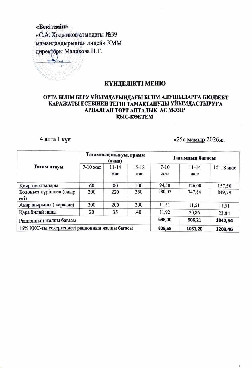 Ас мәзірі 25.05.2026ж.